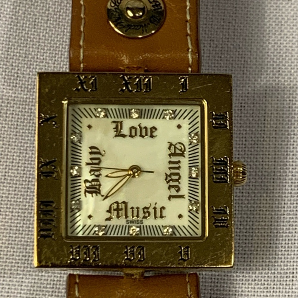 L.A.M.B. Gold-Tone Square Watch with Brown Strap